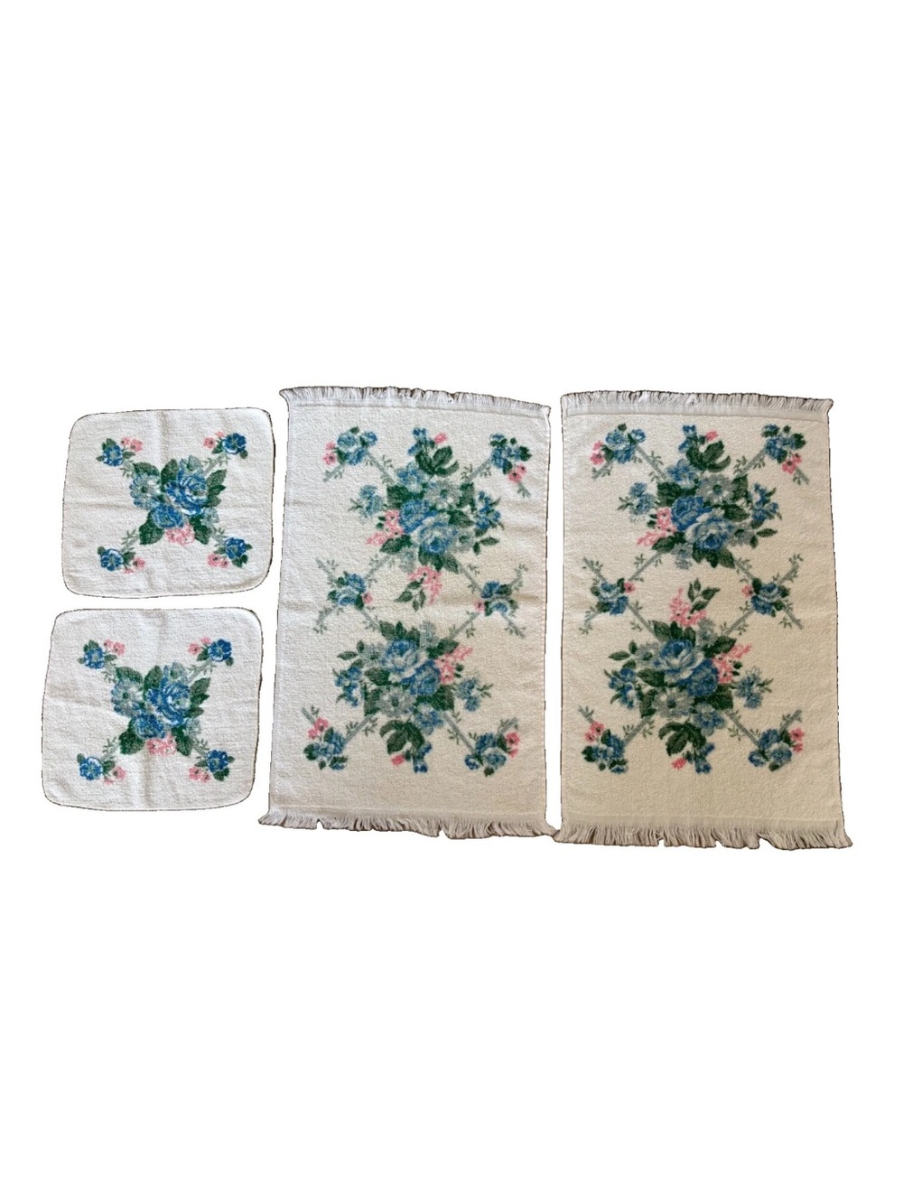 Vintage Cannon Floral Hand Towel & Wash Cloth Set Blue & Pink 24x15 & 11x11